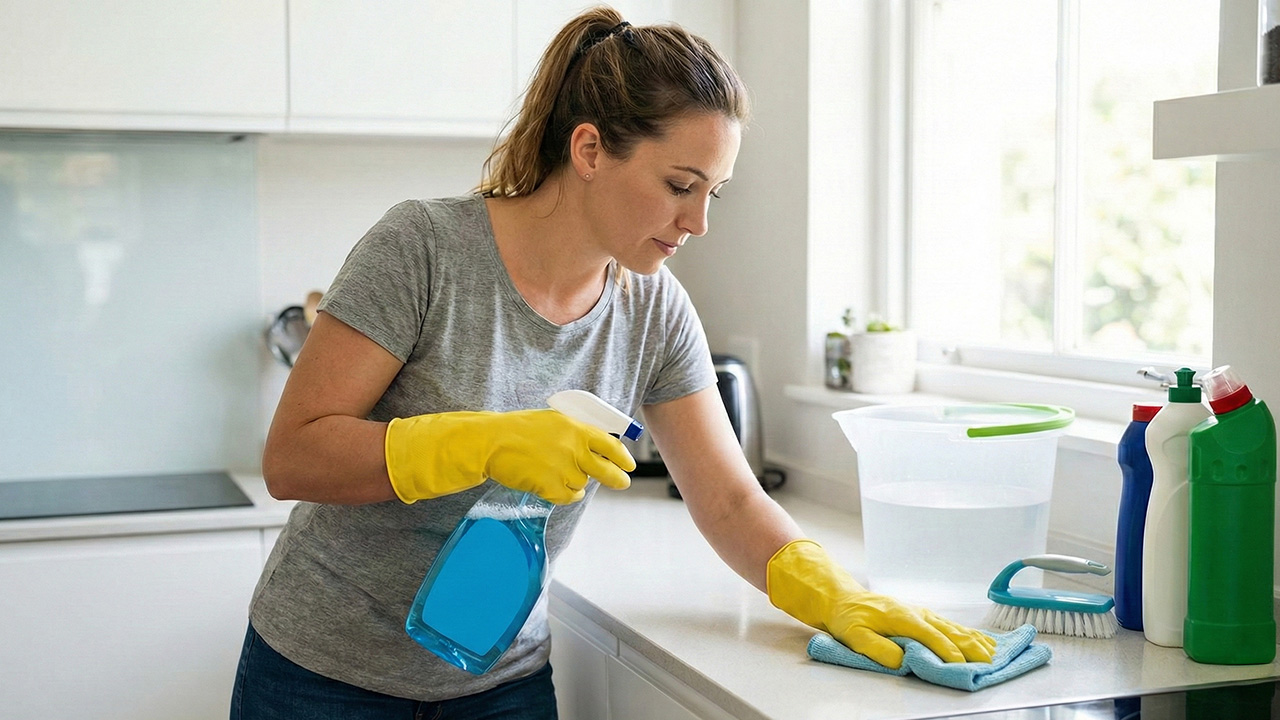 femme qui nettoie avec son produit